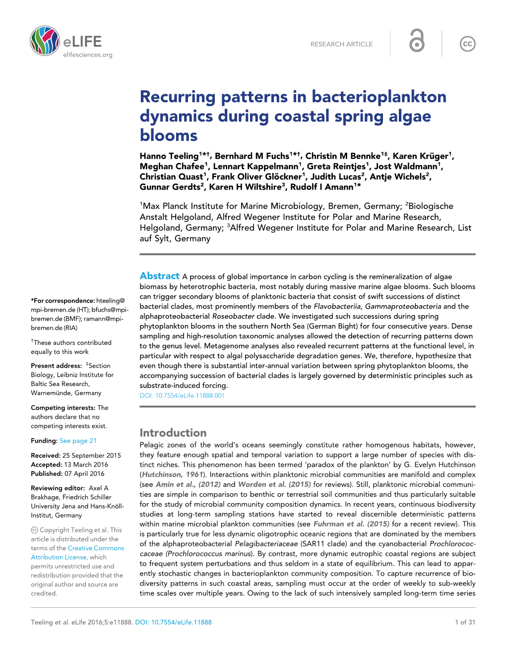 Recurring Patterns in Bacterioplankton Dynamics During Coastal Spring