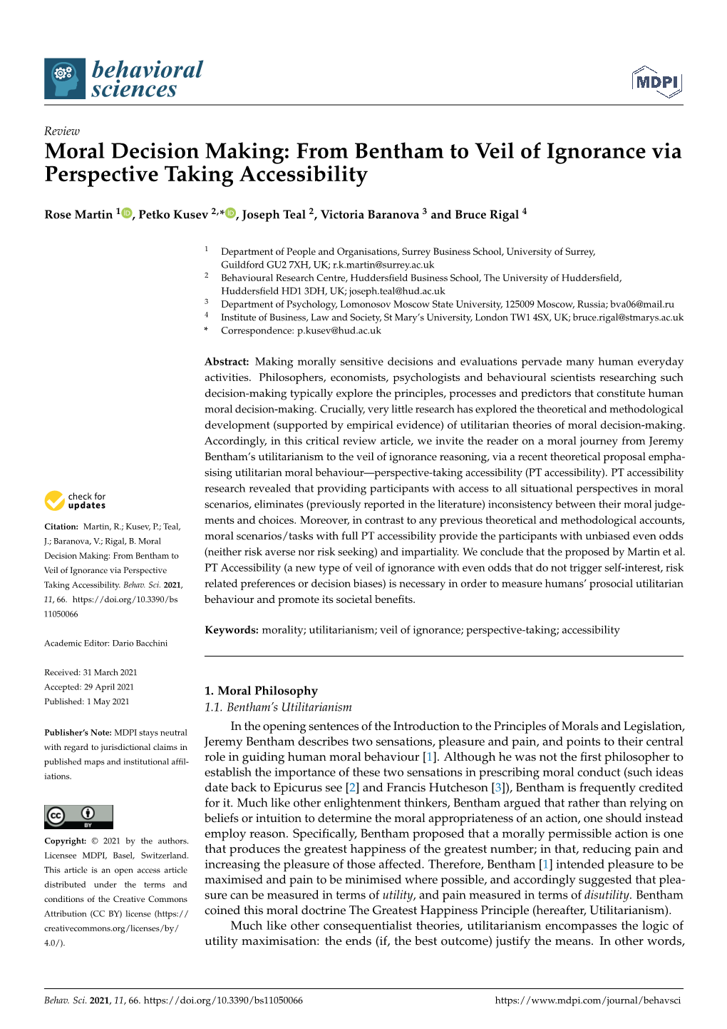 Moral Decision Making: from Bentham to Veil of Ignorance Via Perspective Taking Accessibility