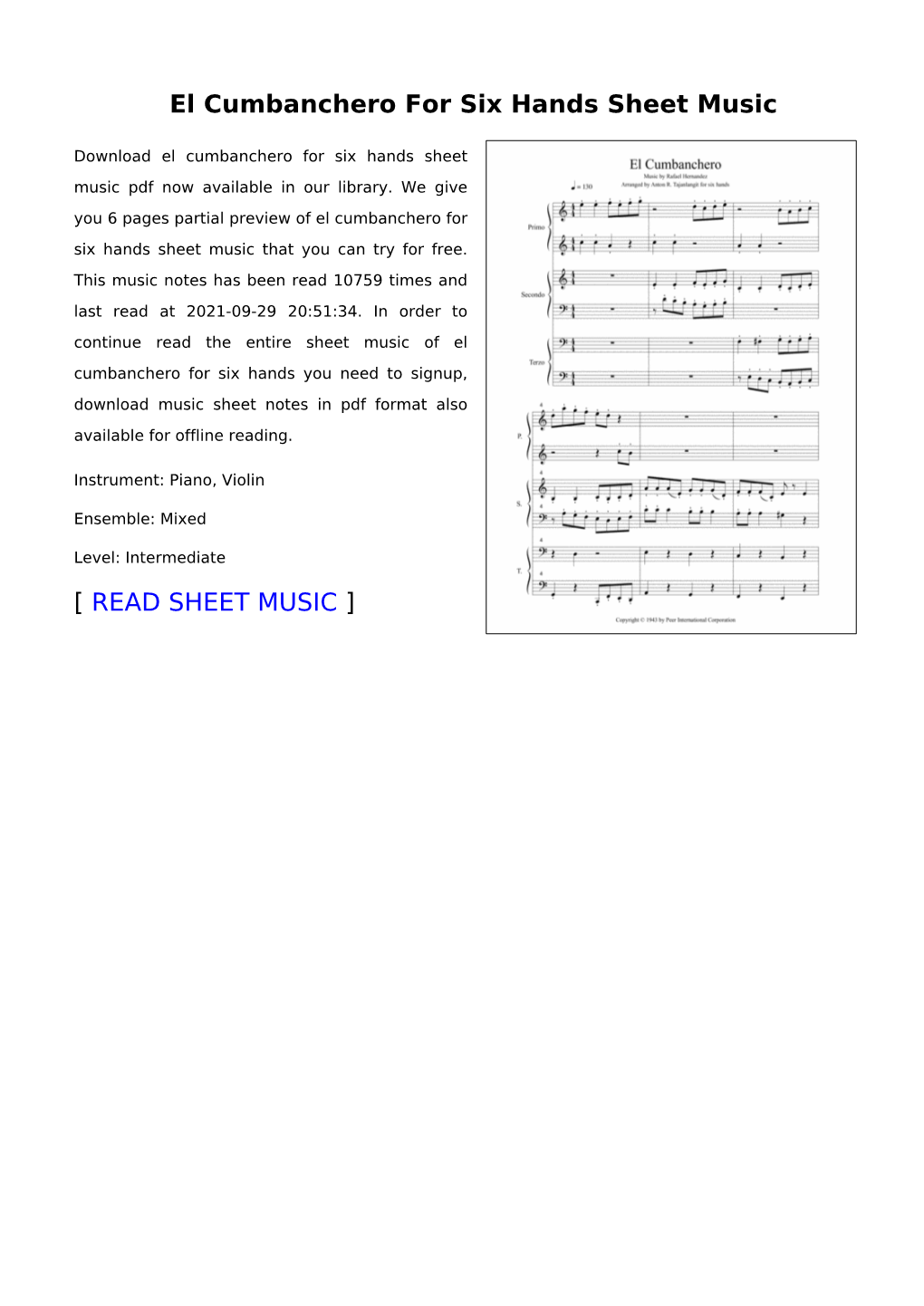 El Cumbanchero for Six Hands Sheet Music