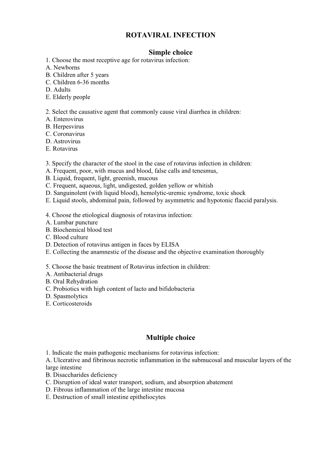 ROTAVIRAL INFECTION Simple Choice Multiple Choice