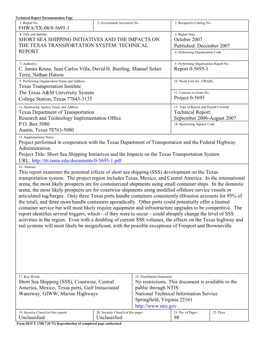 SHORT SEA SHIPPING INITIATIVES and the IMPACTS on October 2007 the TEXAS TRANSPORTATION SYSTEM: TECHNICAL Published: December 2007 REPORT 6