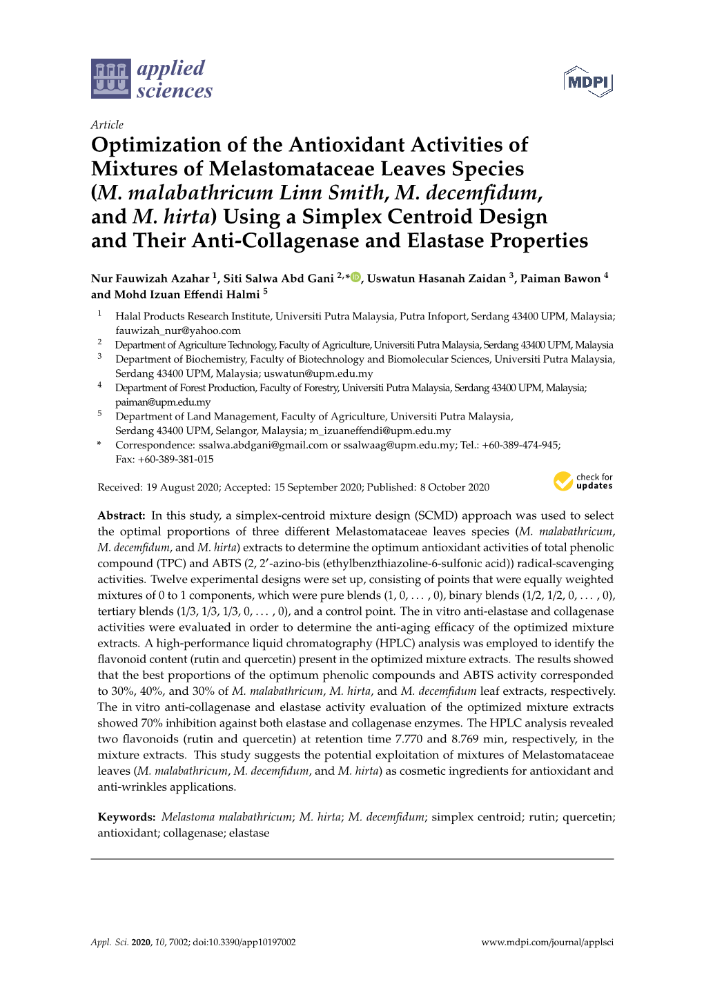 Optimization of the Antioxidant Activities of Mixtures of Melastomataceae Leaves Species (M