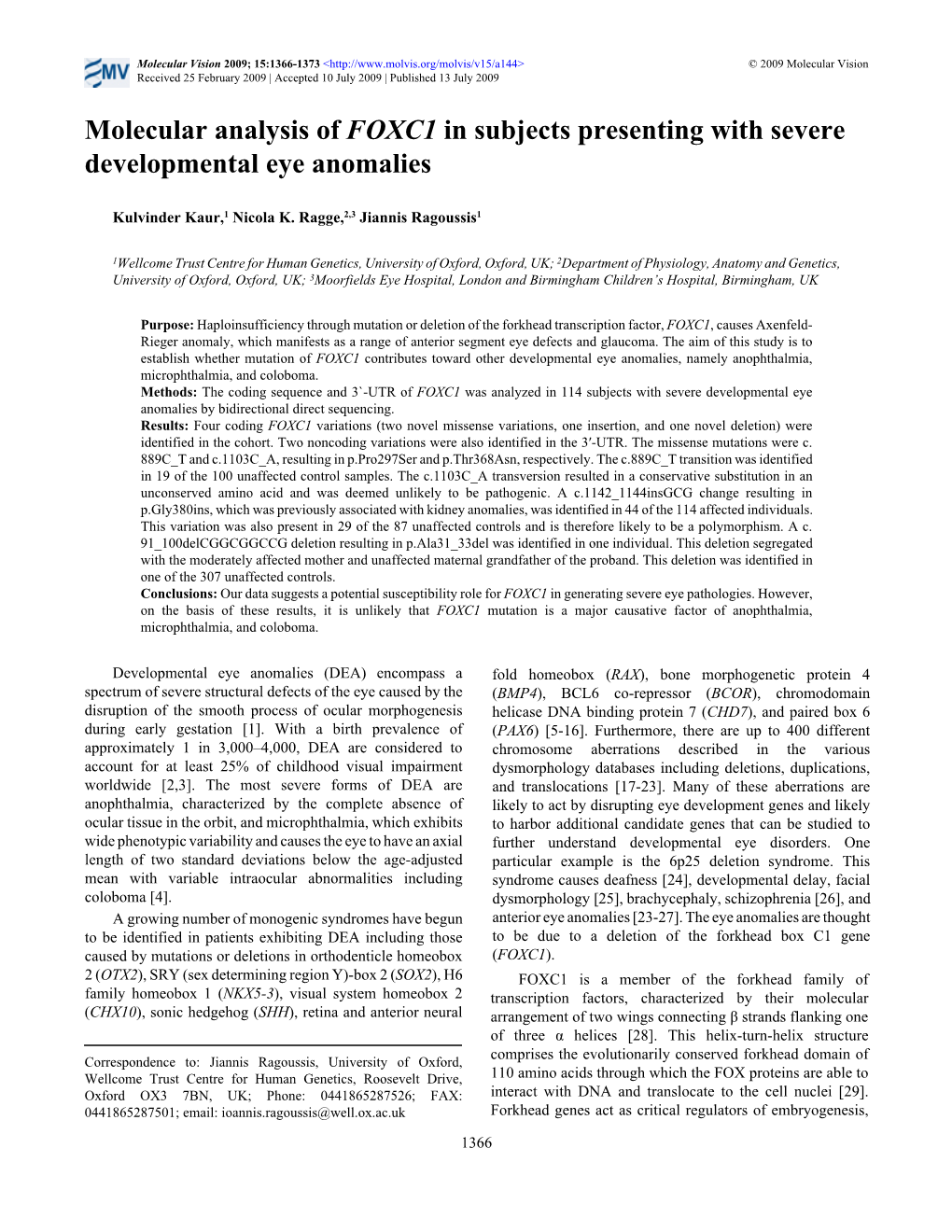 Molecular Analysis of FOXC1 in Subjects Presenting with Severe Developmental Eye Anomalies