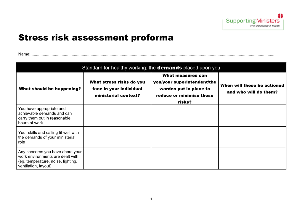 Stress Risk Assessment Proforma
