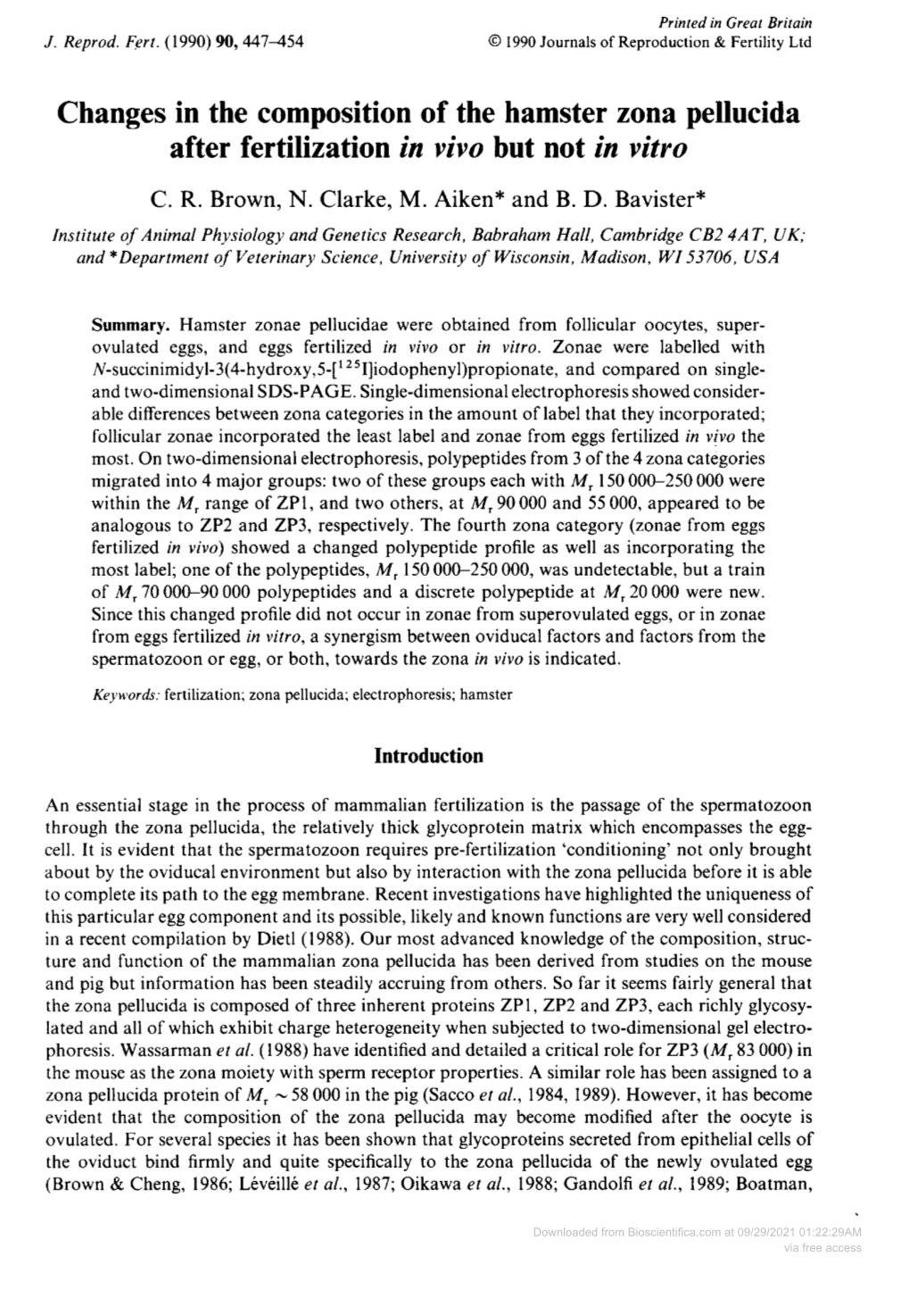 Changes in the Composition of the Hamster Zona Pellucida After Fertilization in Vivo but Not in Vitro C