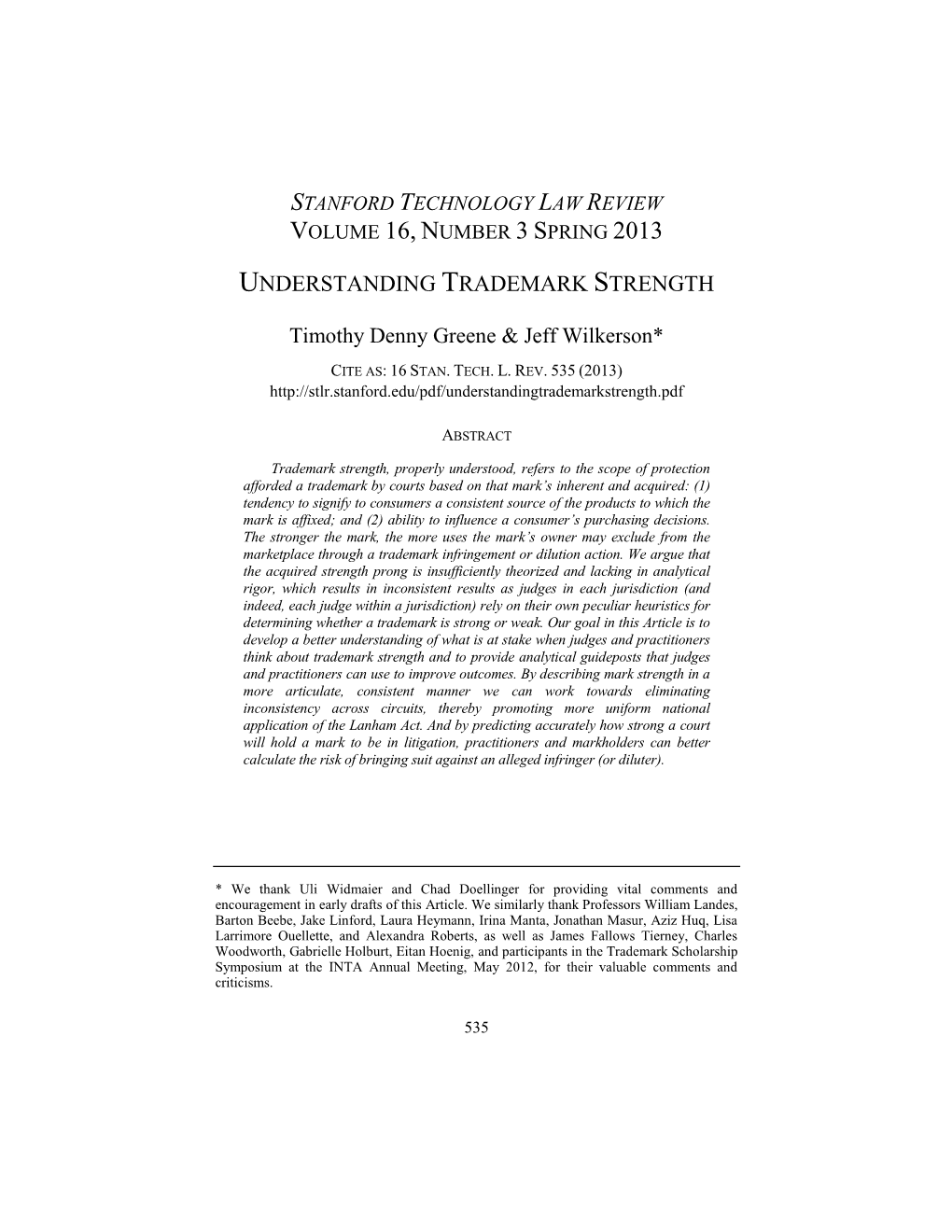 UNDERSTANDING TRADEMARK STRENGTH Timothy Denny Greene