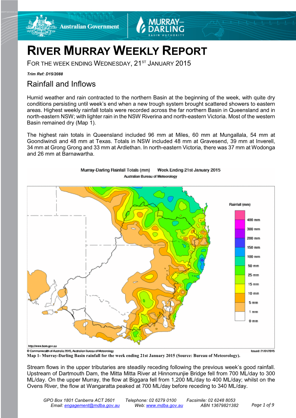 River Murray Weekly Report for the Week Ending Wednesday, 21St January 2015