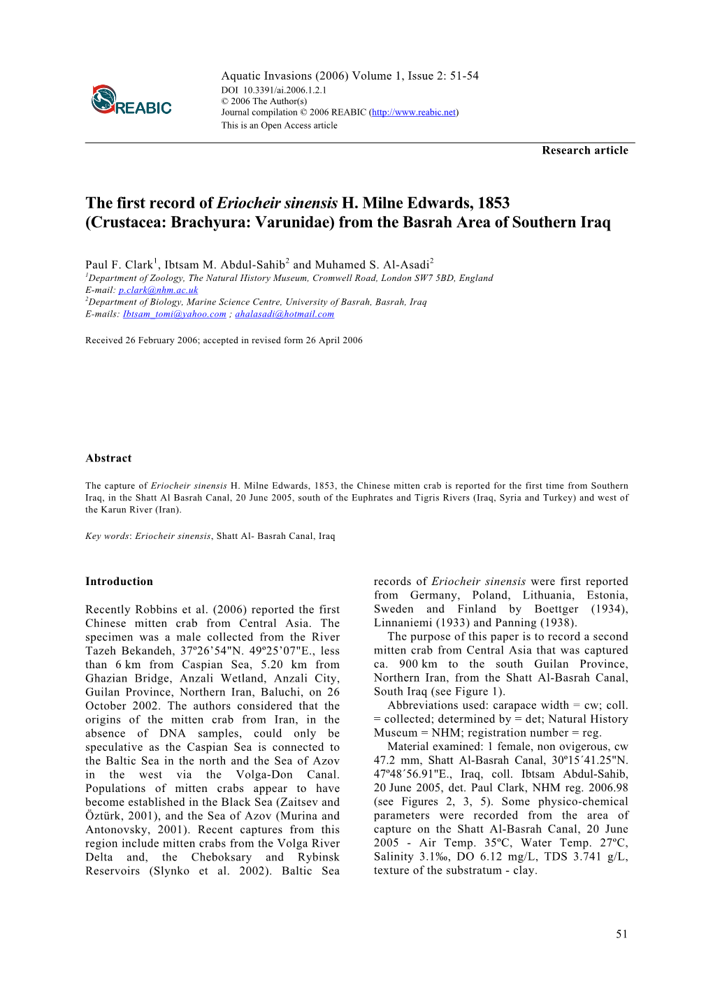 The First Record of Eriocheir Sinensis H. Milne Edwards, 1853 (Crustacea: Brachyura: Varunidae) from the Basrah Area of Southern Iraq