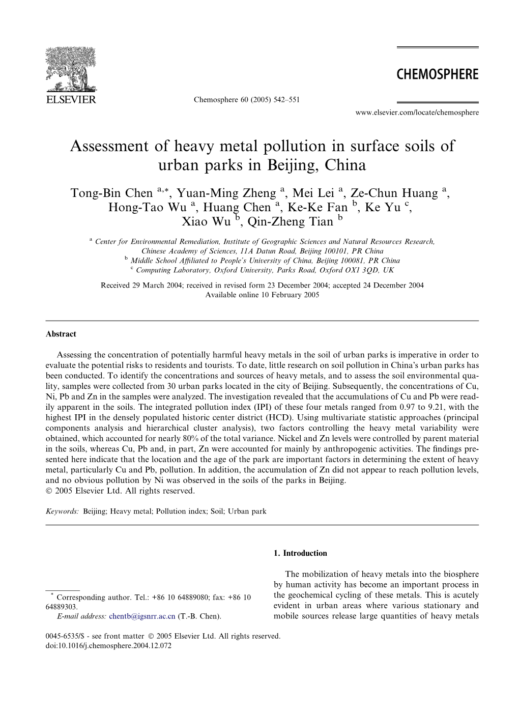 Assessment of Heavy Metal Pollution in Surface Soils of Urban Parks in Beijing, China