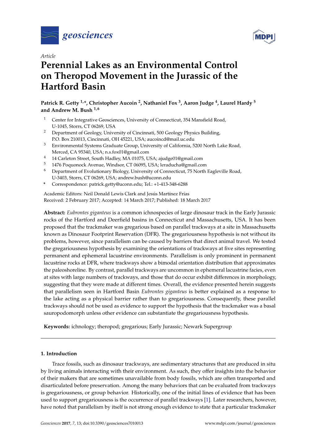 Perennial Lakes As an Environmental Control on Theropod Movement in the Jurassic of the Hartford Basin