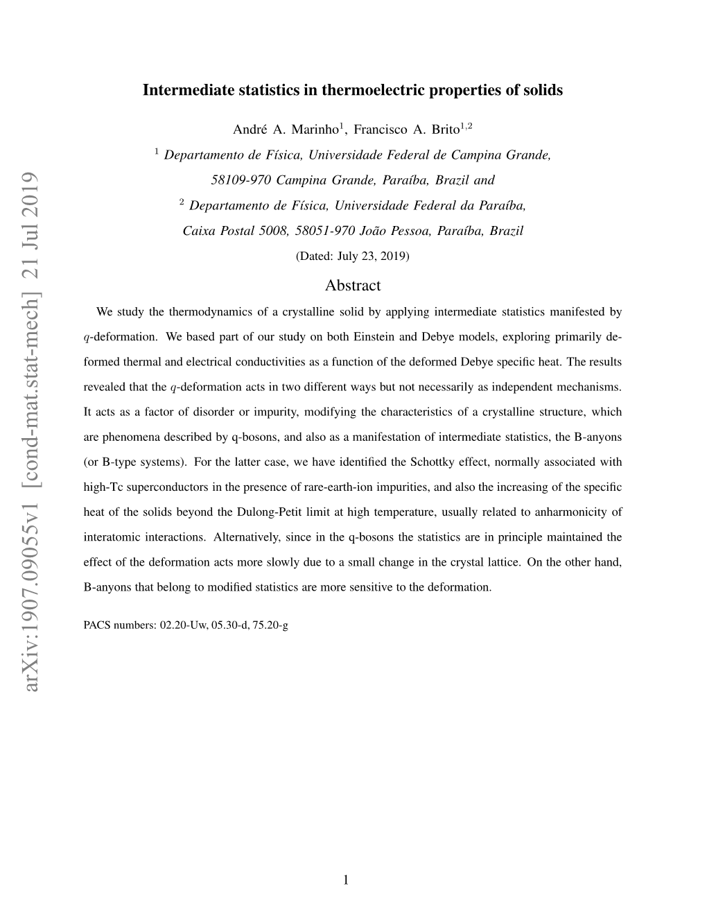 Intermediate Statistics in Thermoelectric Properties of Solids