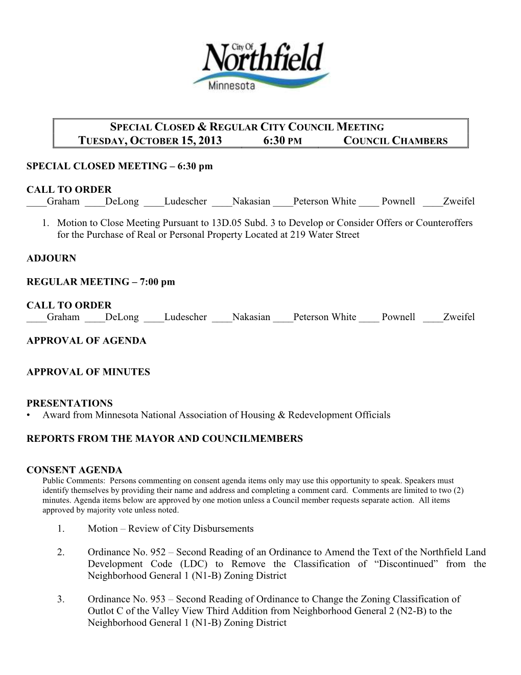 Northfield City Council Agenda