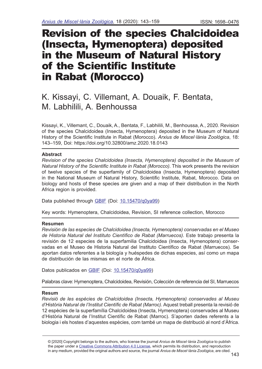 Revision of the Species Chalcidoidea (Insecta, Hymenoptera) Deposited in the Museum of Natural History of the Scientifc Institute in Rabat (Morocco)