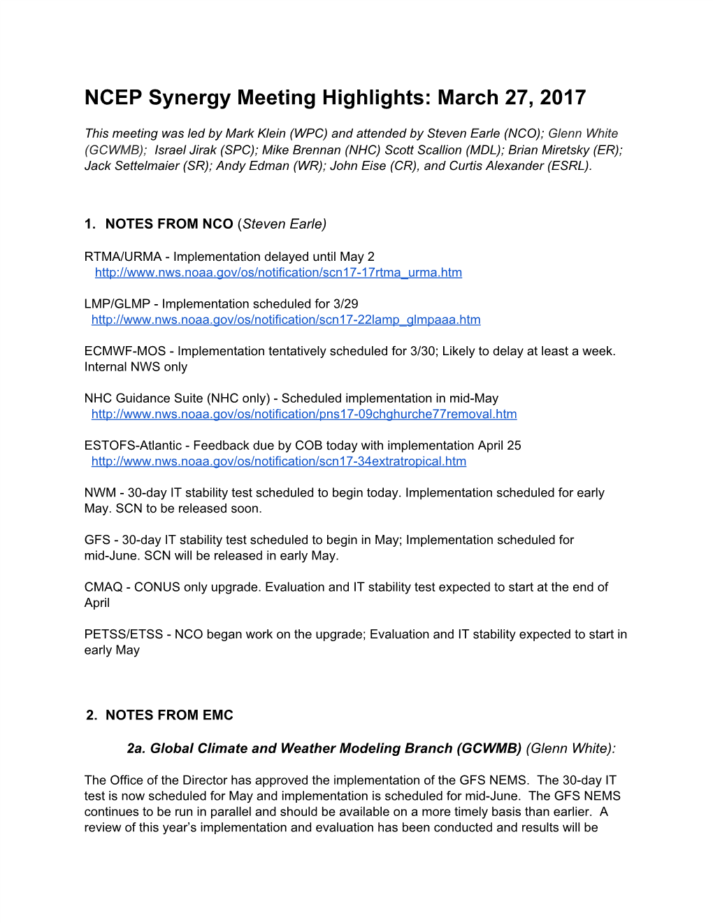 NCEP Synergy Meeting Highlights: March 27, 2017