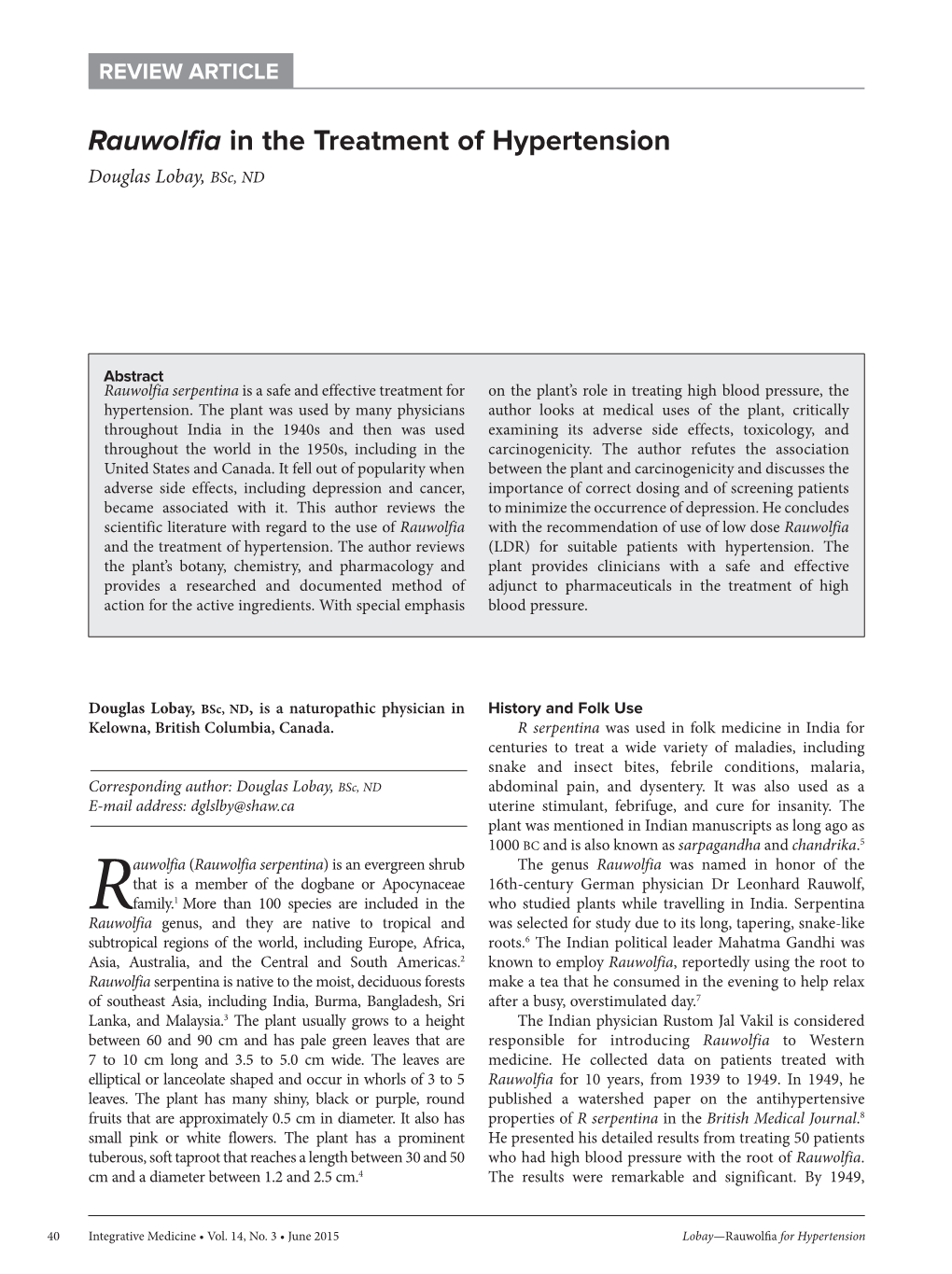 Rauwolfia in the Treatment of Hypertension Douglas Lobay, Bsc, ND