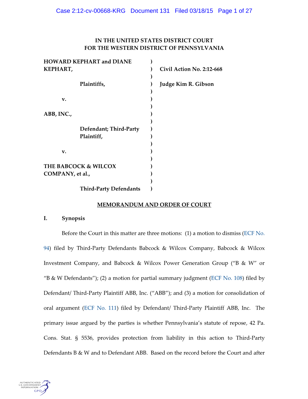 Case 2:12-Cv-00668-KRG Document 131 Filed 03/18/15 Page 1 of 27