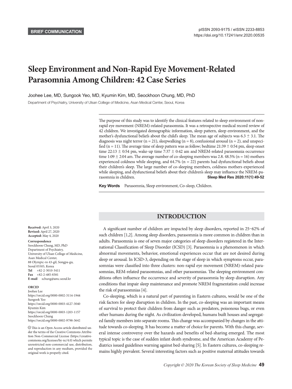 Sleep Environment and Non-Rapid Eye Movement-Related Parasomnia Among Children: 42 Case Series