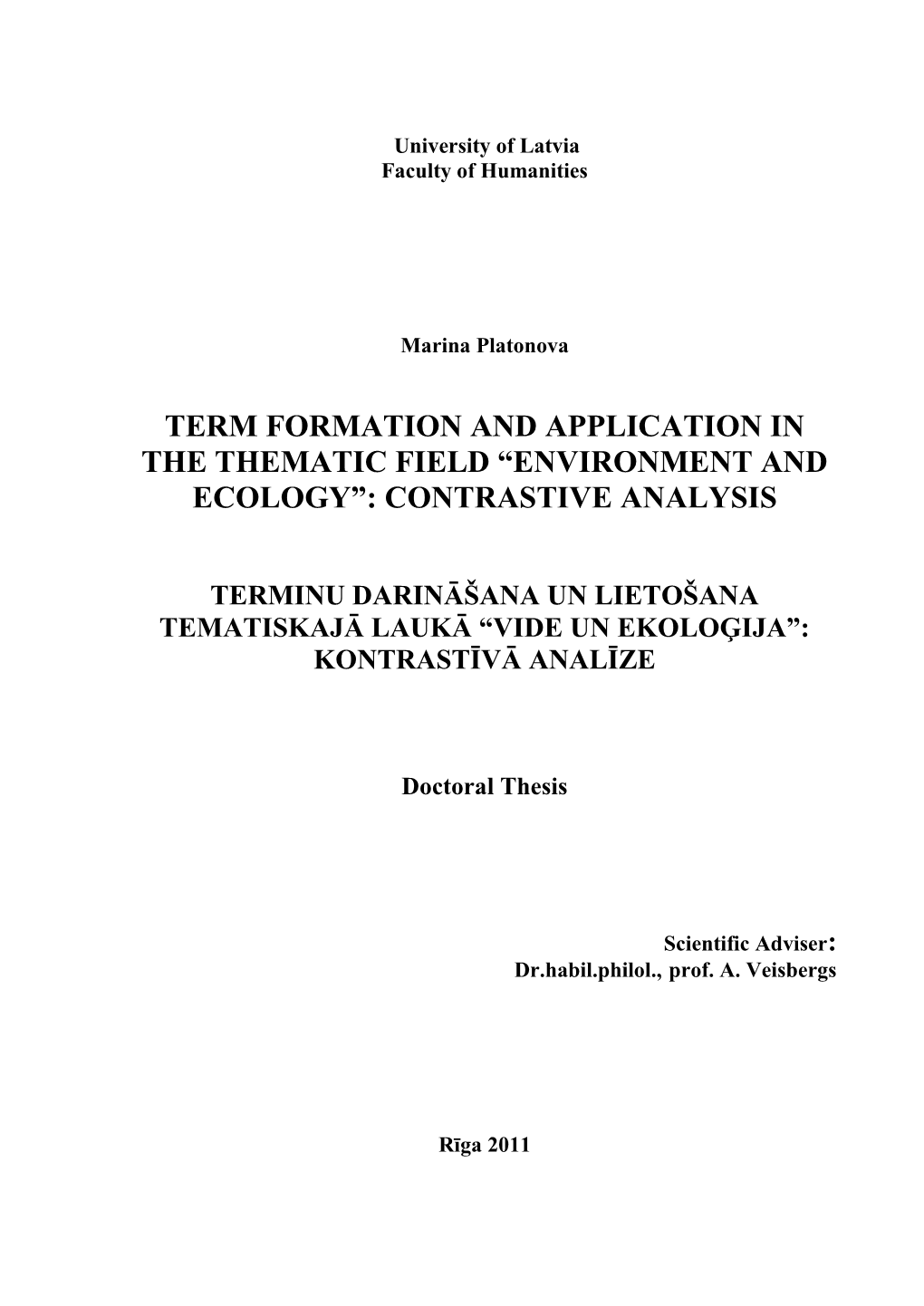Term Formation and Application in the Thematic Field “Environment and Ecology”: Contrastive Analysis