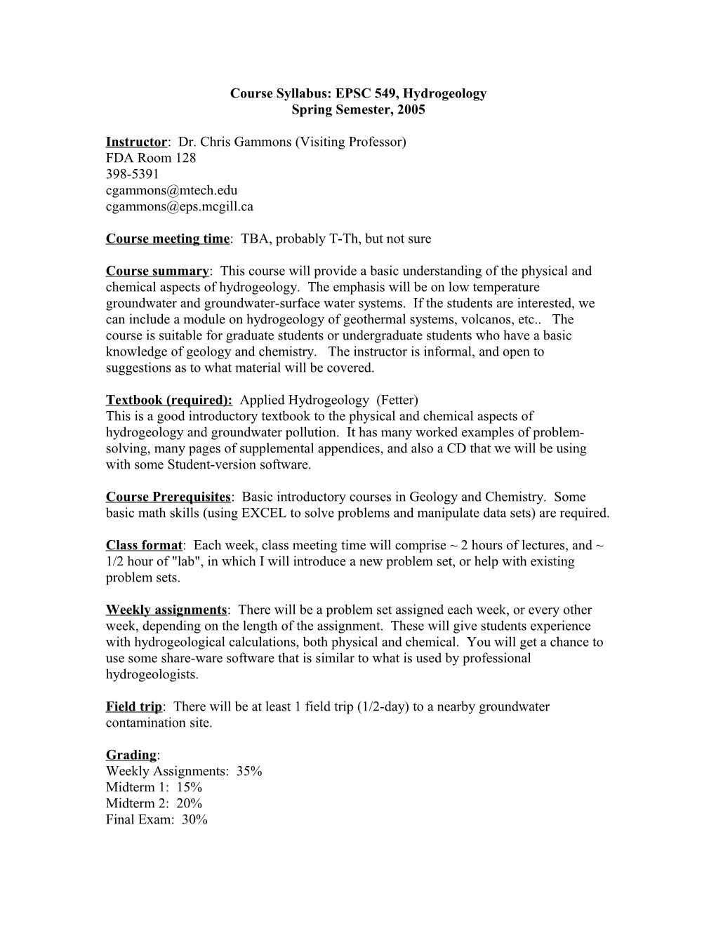 Course Syllabus: EPSC 549, Hydrogeology