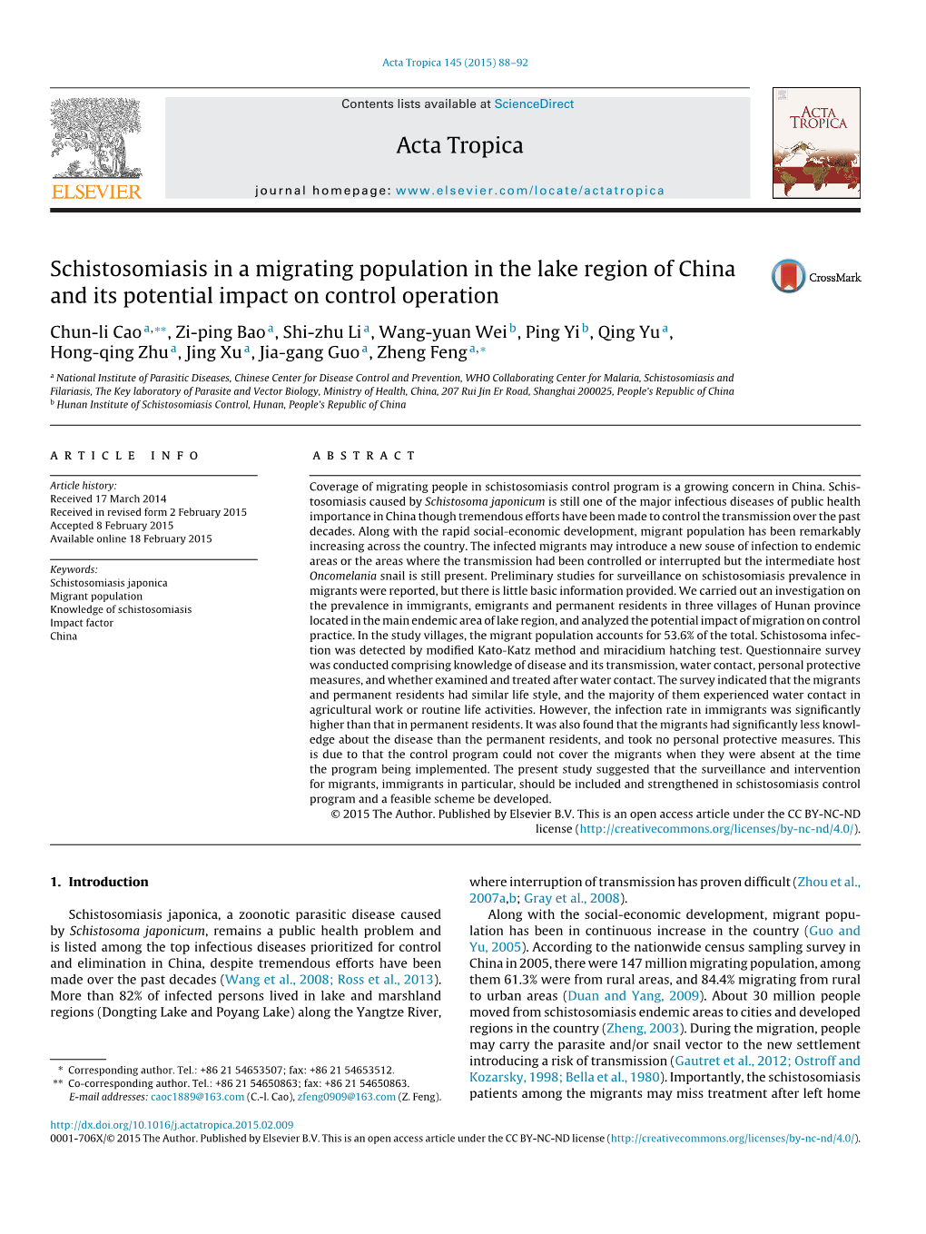 Schistosomiasis in a Migrating Population in the Lake Region of China and Its Potential Impact on Control Operation