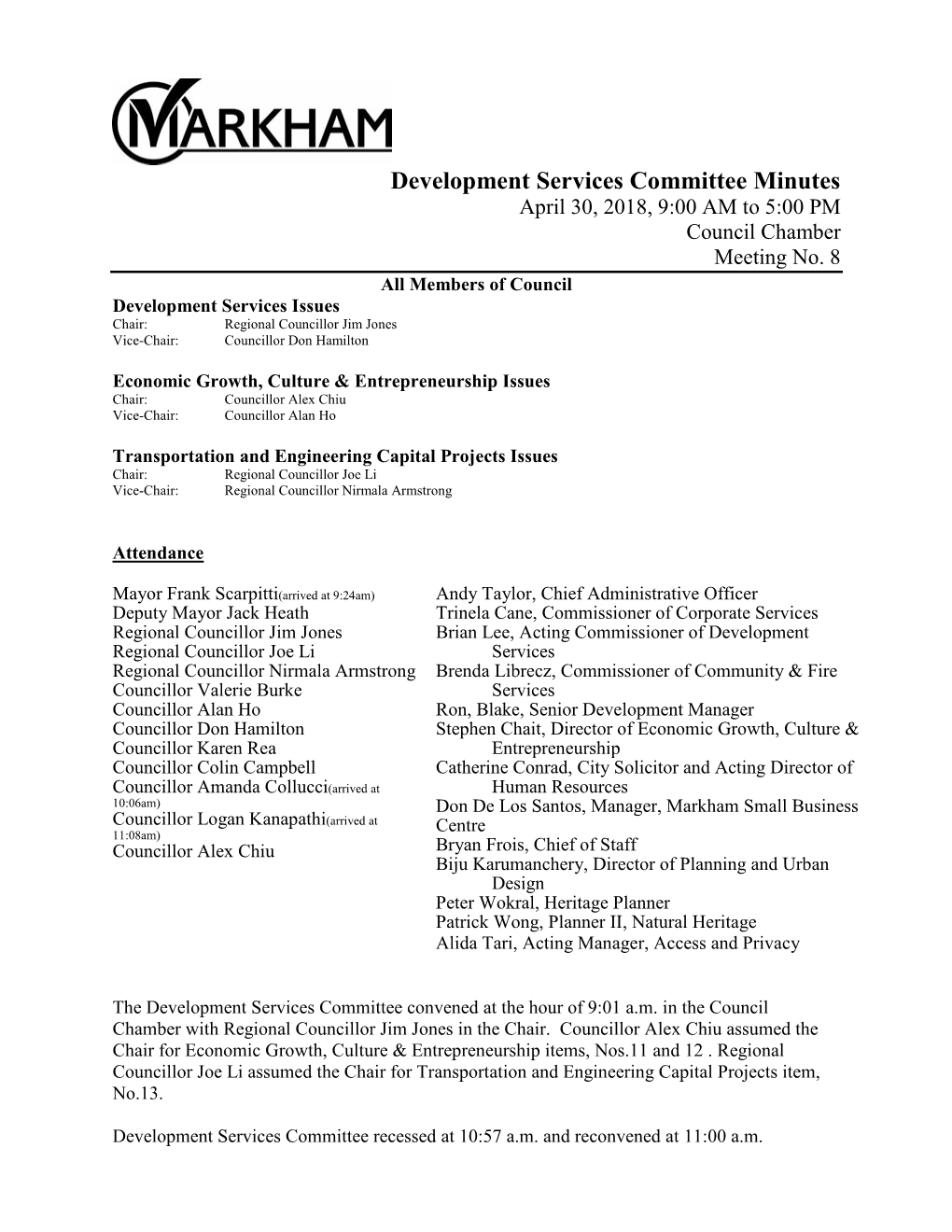 Development Services Committee Minutes April 30, 2018, 9:00 AM to 5:00 PM Council Chamber Meeting No