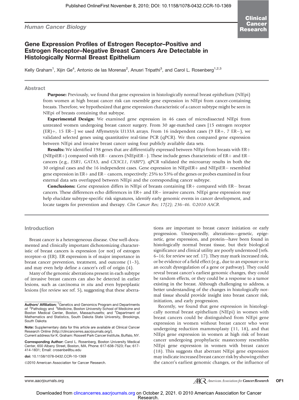 Gene Expression Profiles of Estrogen Receptor–Positive and Estrogen Receptor–Negative Breast Cancers Are Detectable in Histologically Normal Breast Epithelium