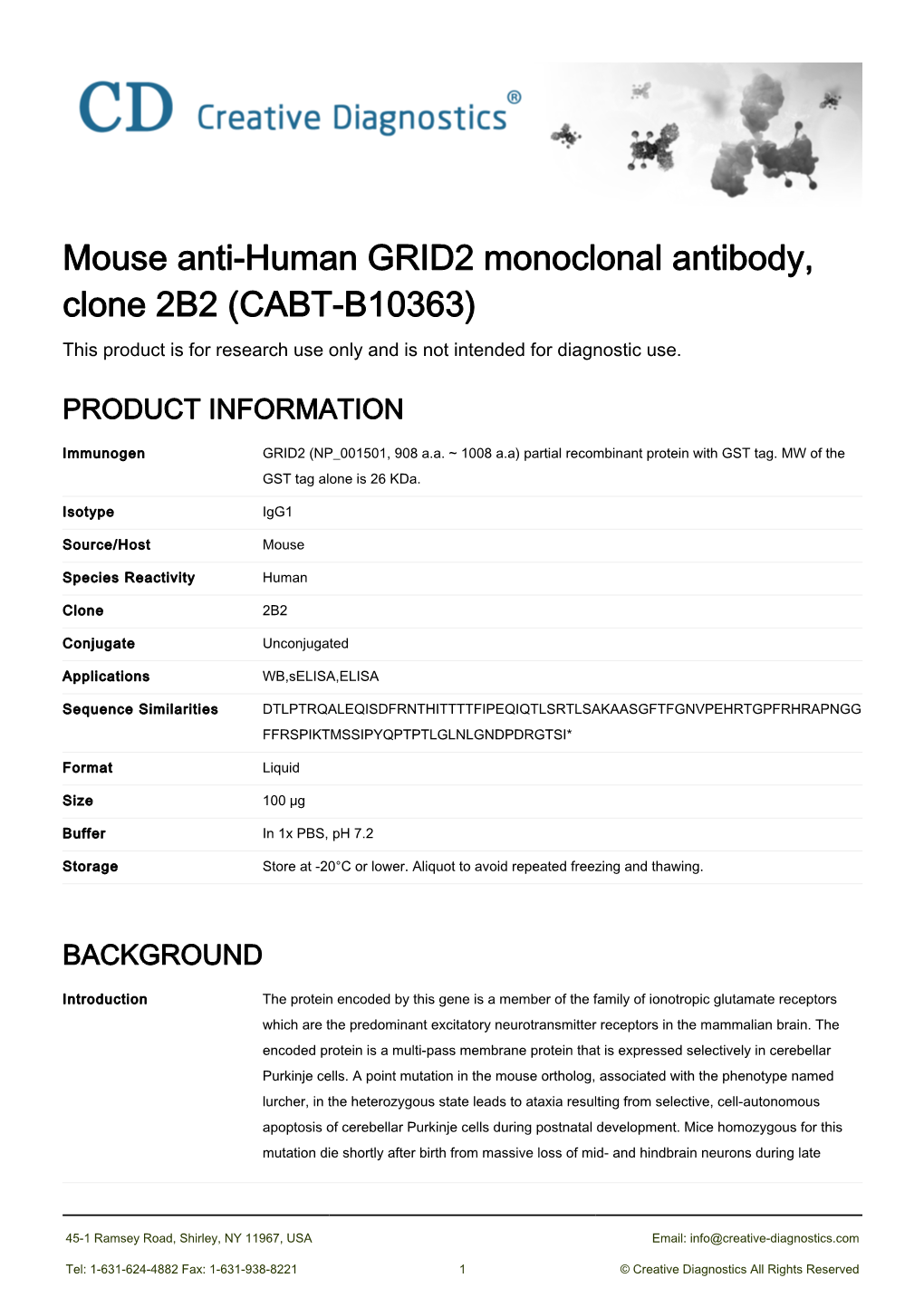 Mouse Anti-Human GRID2 Monoclonal Antibody, Clone 2B2 (CABT-B10363) This Product Is for Research Use Only and Is Not Intended for Diagnostic Use