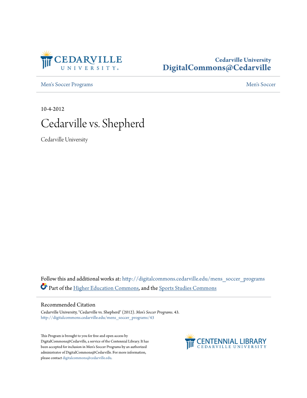 Cedarville Vs. Shepherd Cedarville University