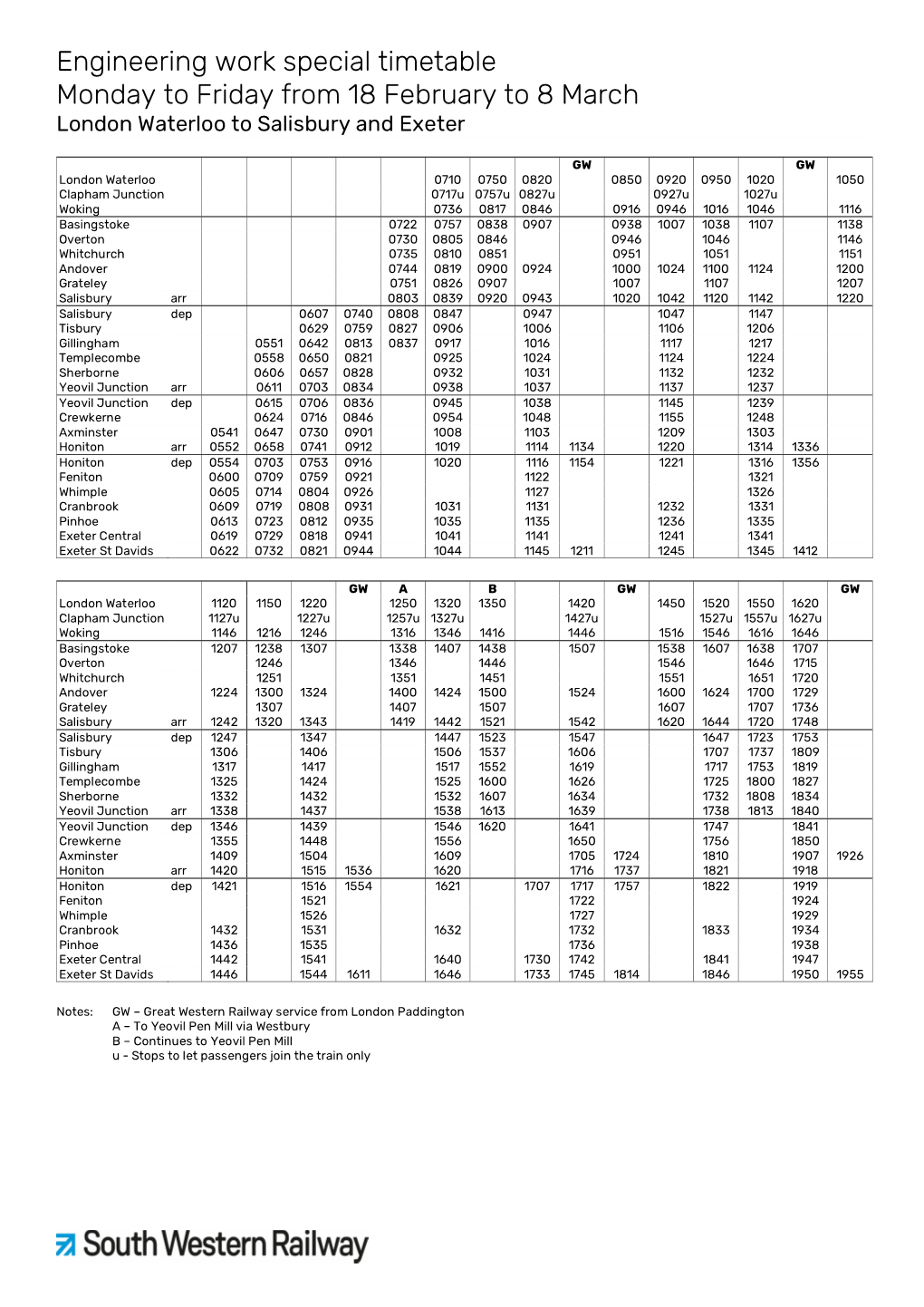 Engineering Work Special Timetable Monday to Friday from 18 February to 8 March London Waterloo to Salisbury and Exeter