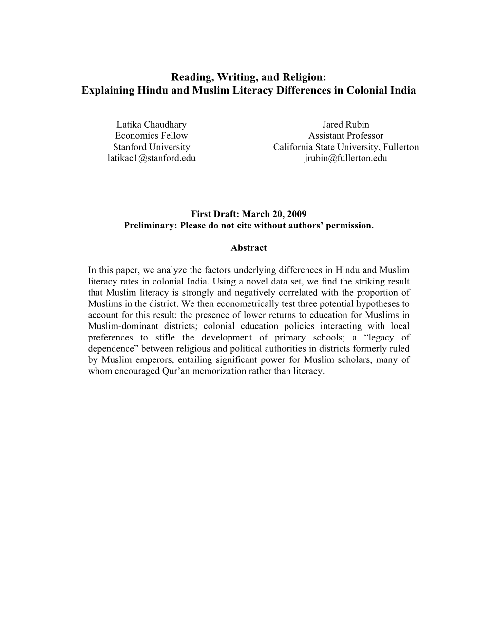 Explaining Hindu and Muslim Literacy Differences in Colonial India