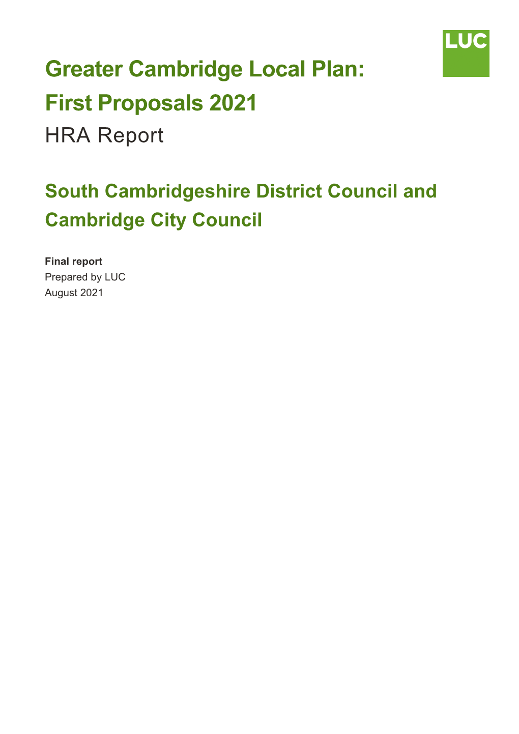 Greater Cambridge Local Plan: First Proposals 2021 HRA Report