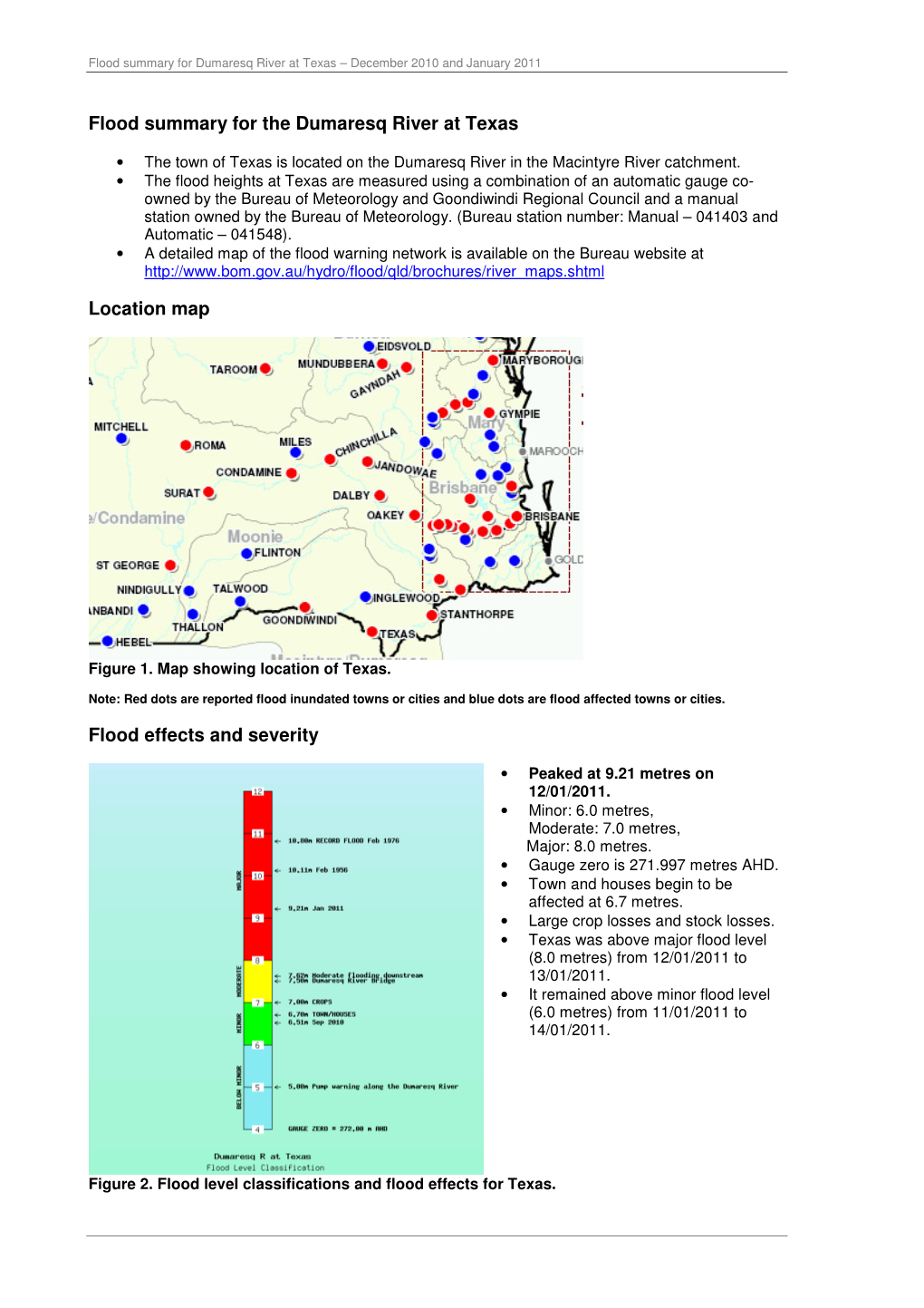 Flood Summary for the Dumaresq River at Texas Location Map Flood