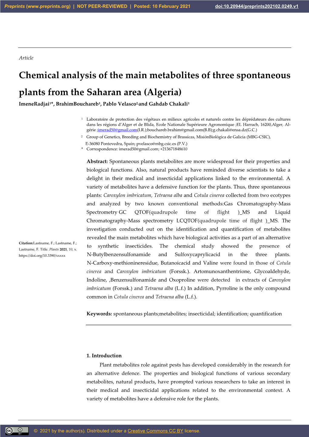 Chemical Analysis of the Main Metabolites of Three Spontaneous Plants from the Saharan Area