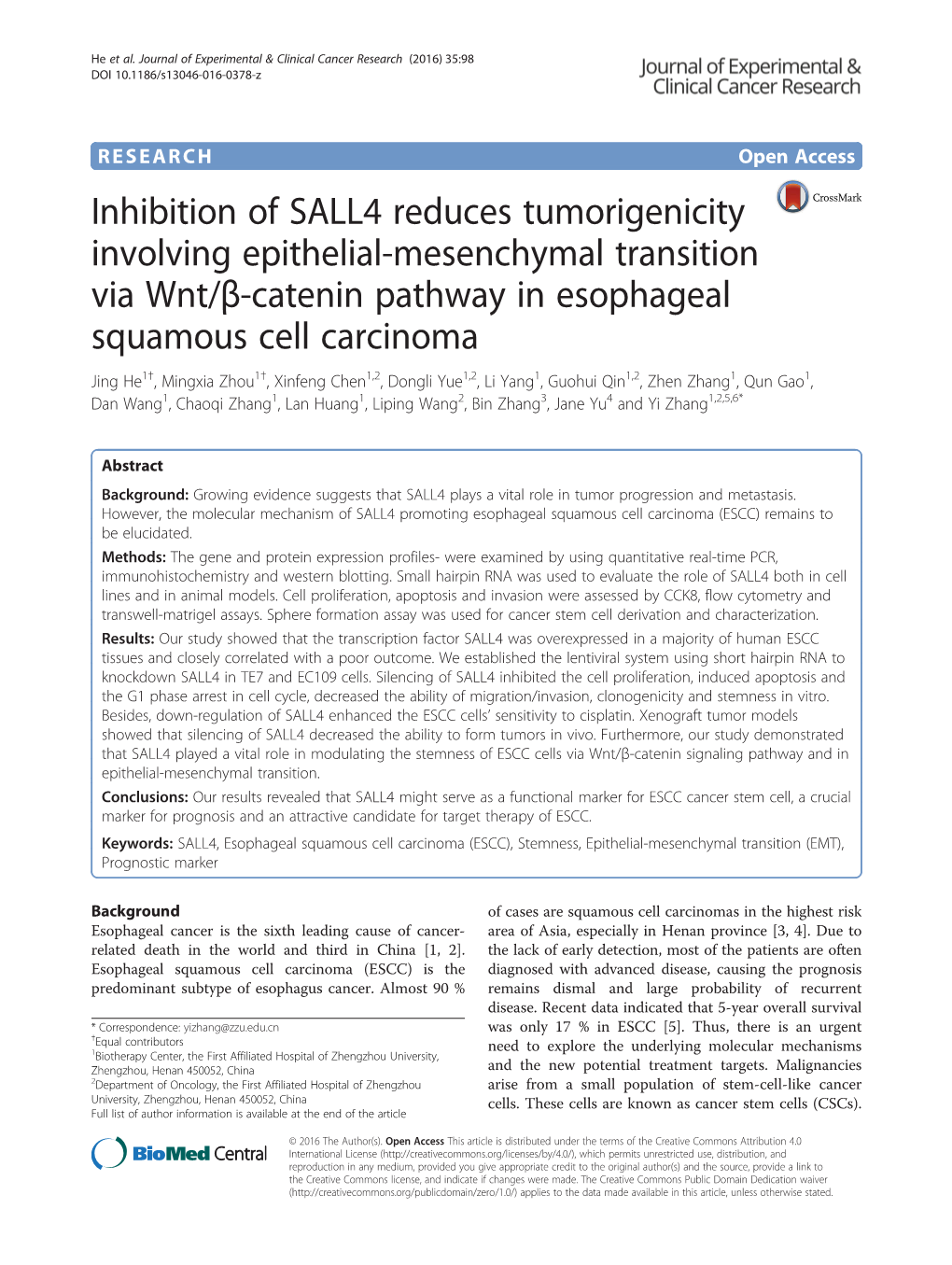 Inhibition of SALL4 Reduces Tumorigenicity Involving Epithelial