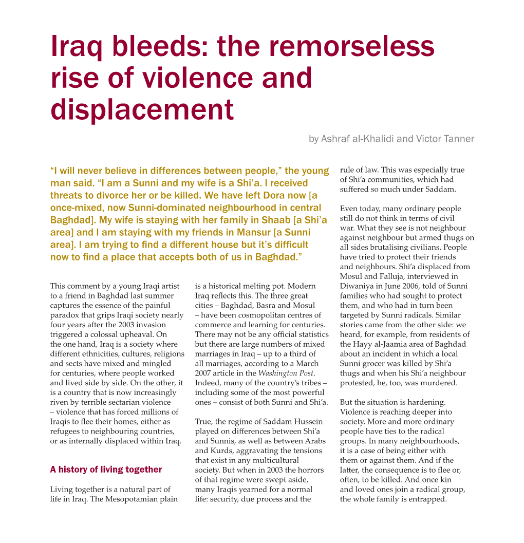 Iraq Bleeds: the Remorseless Rise of Violence and Displacement by Ashraf Al-Khalidi and Victor Tanner