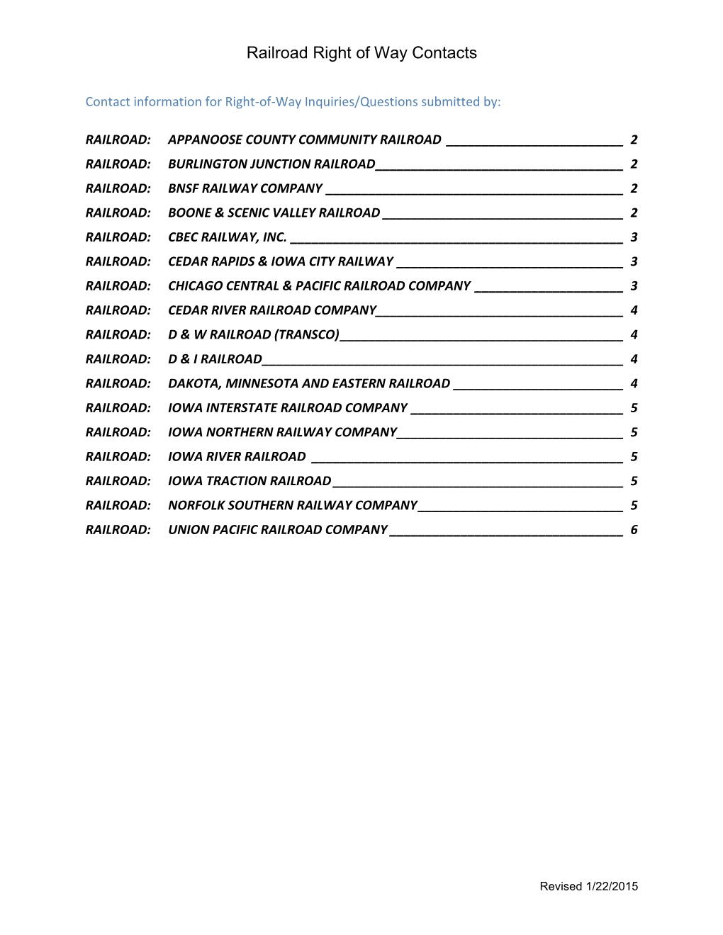 Railroad Datasheet Contacts