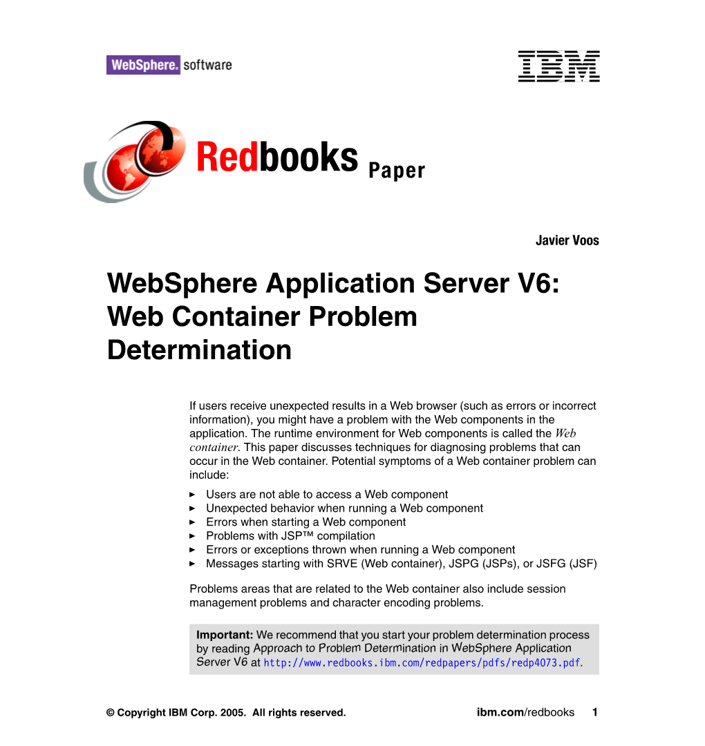 Websphere Application Server V6: Web Container Problem Determination