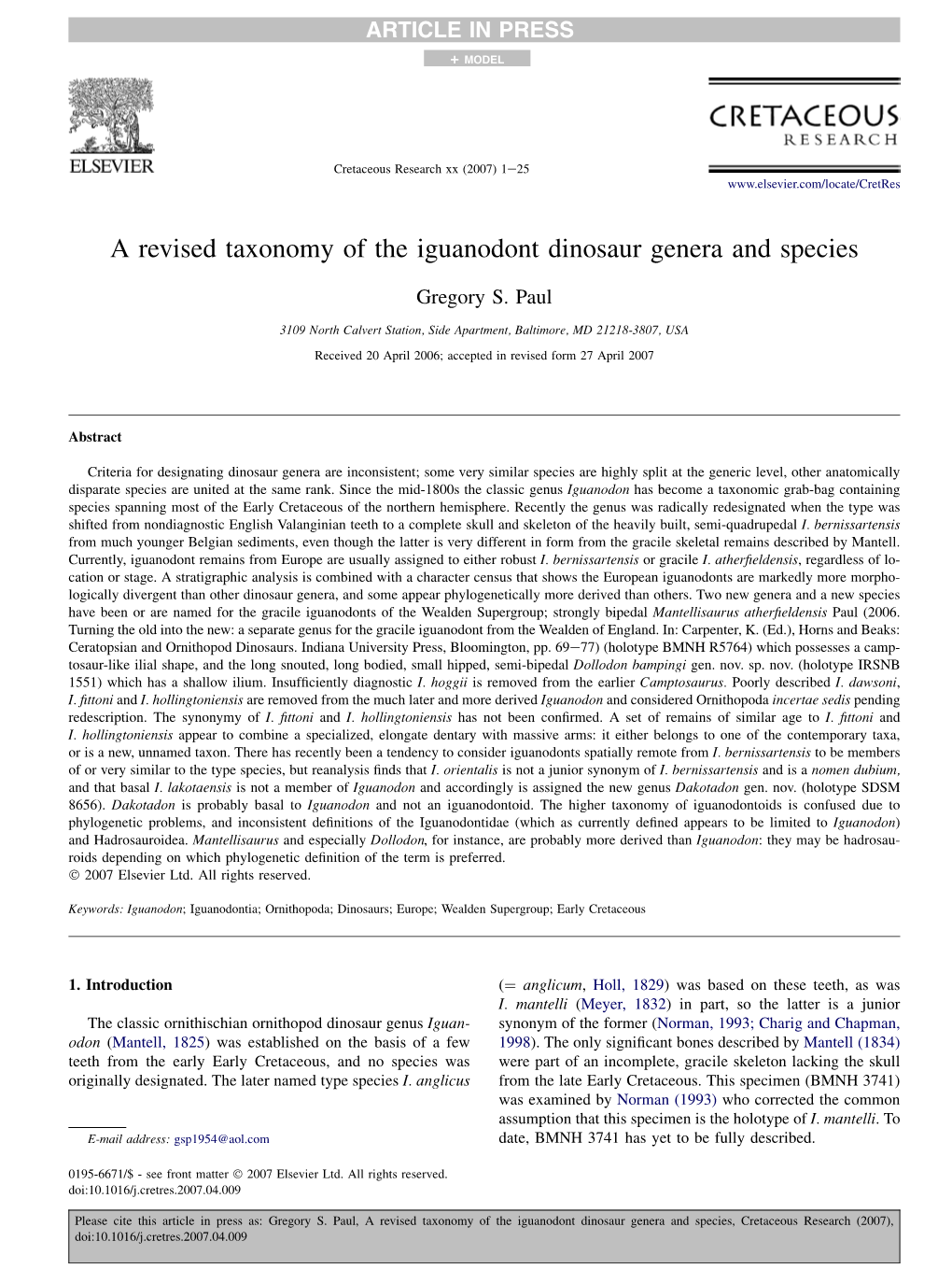 A Revised Taxonomy of the Iguanodont Dinosaur Genera and Species