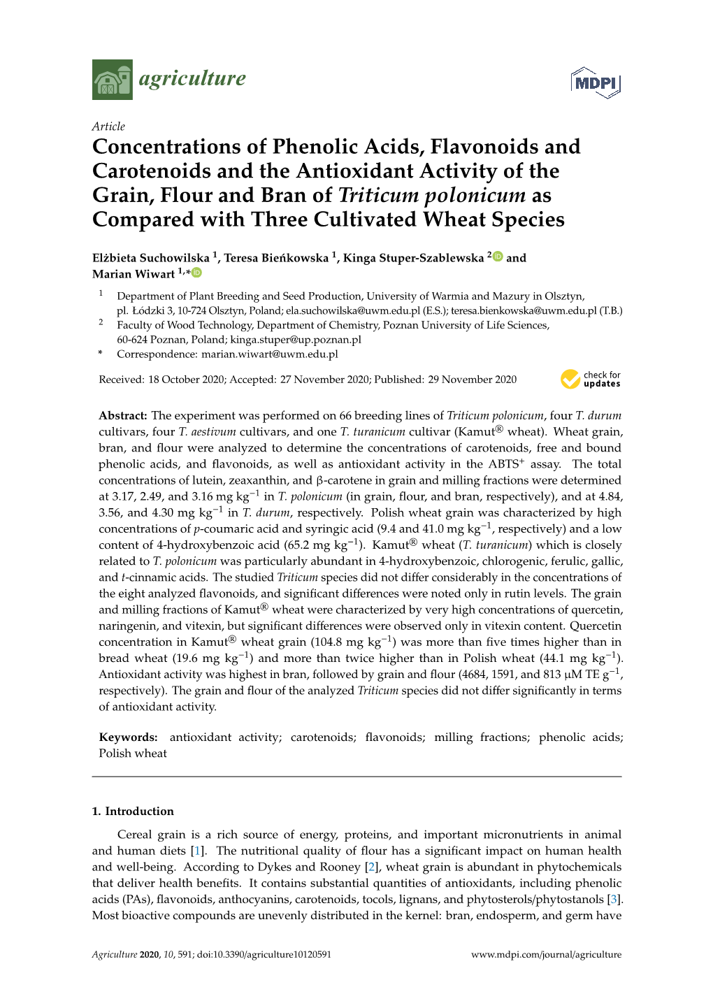 Concentrations of Phenolic Acids, Flavonoids and Carotenoids And