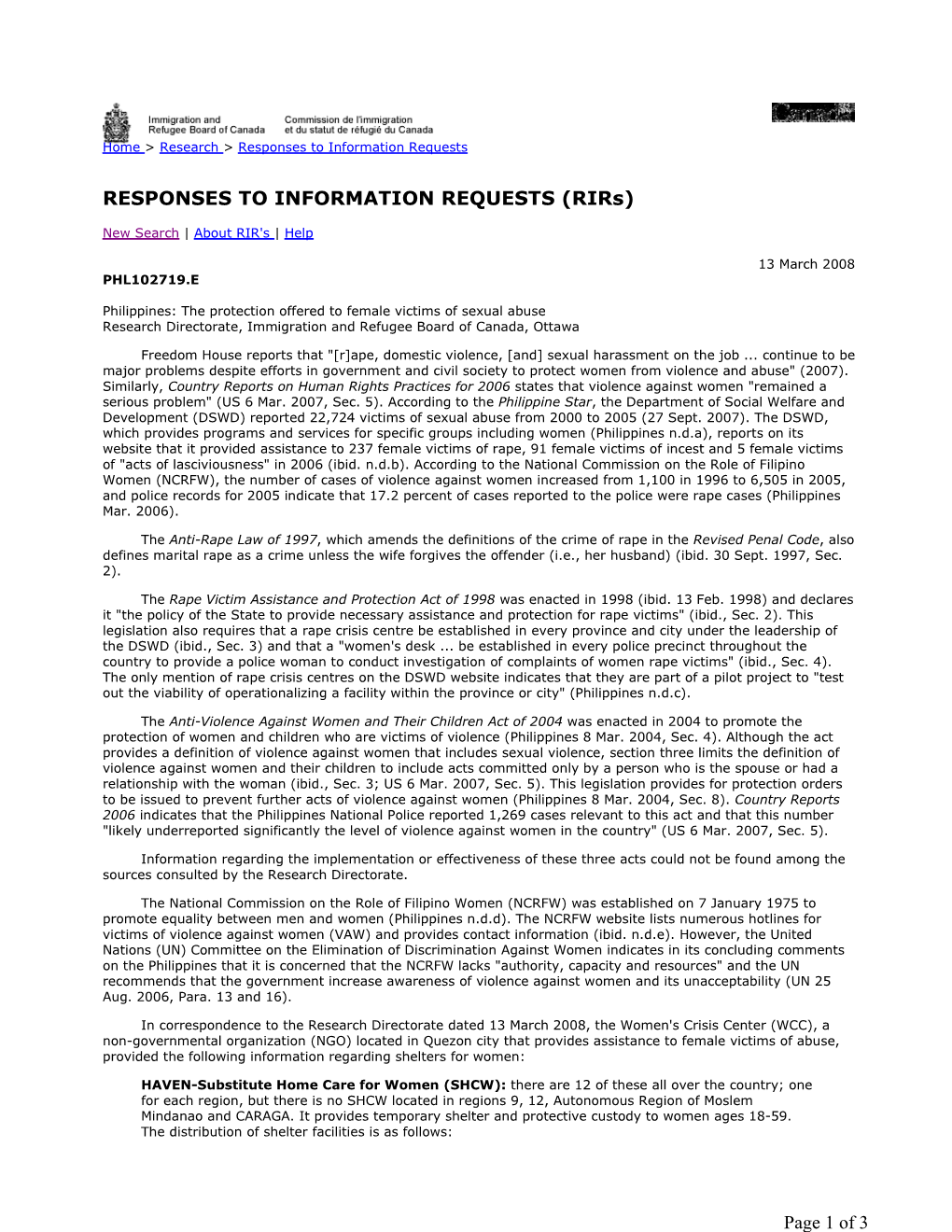 Philippines: the Protection Offered to Female Victims of Sexual Abuse Research Directorate, Immigration and Refugee Board of Canada, Ottawa