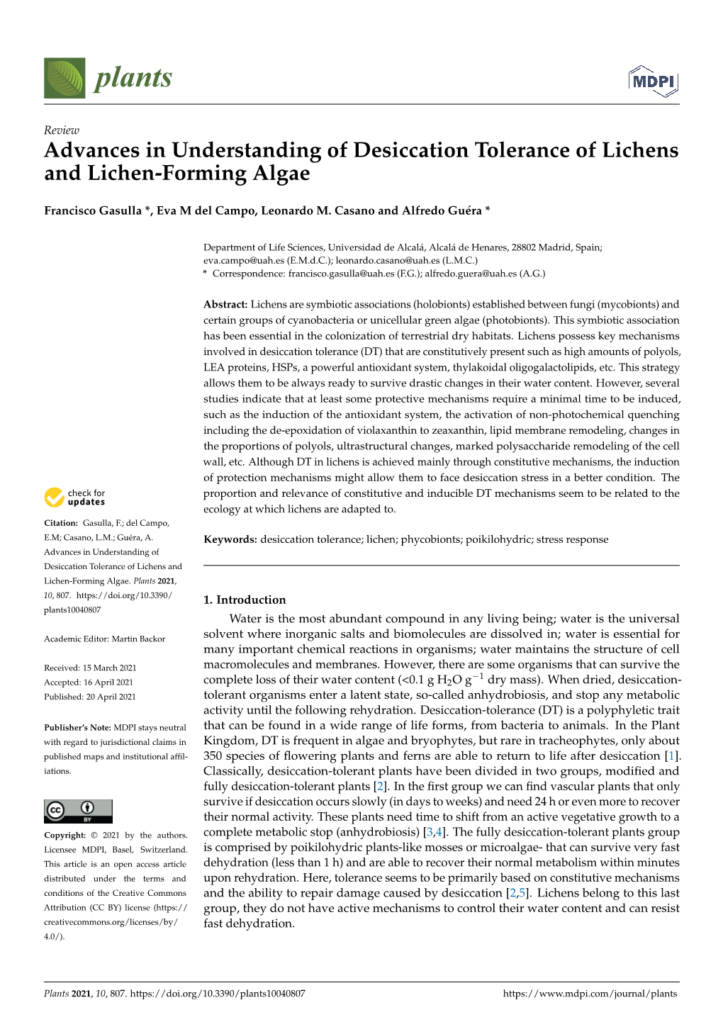 Advances in Understanding of Desiccation Tolerance of Lichens and Lichen-Forming Algae