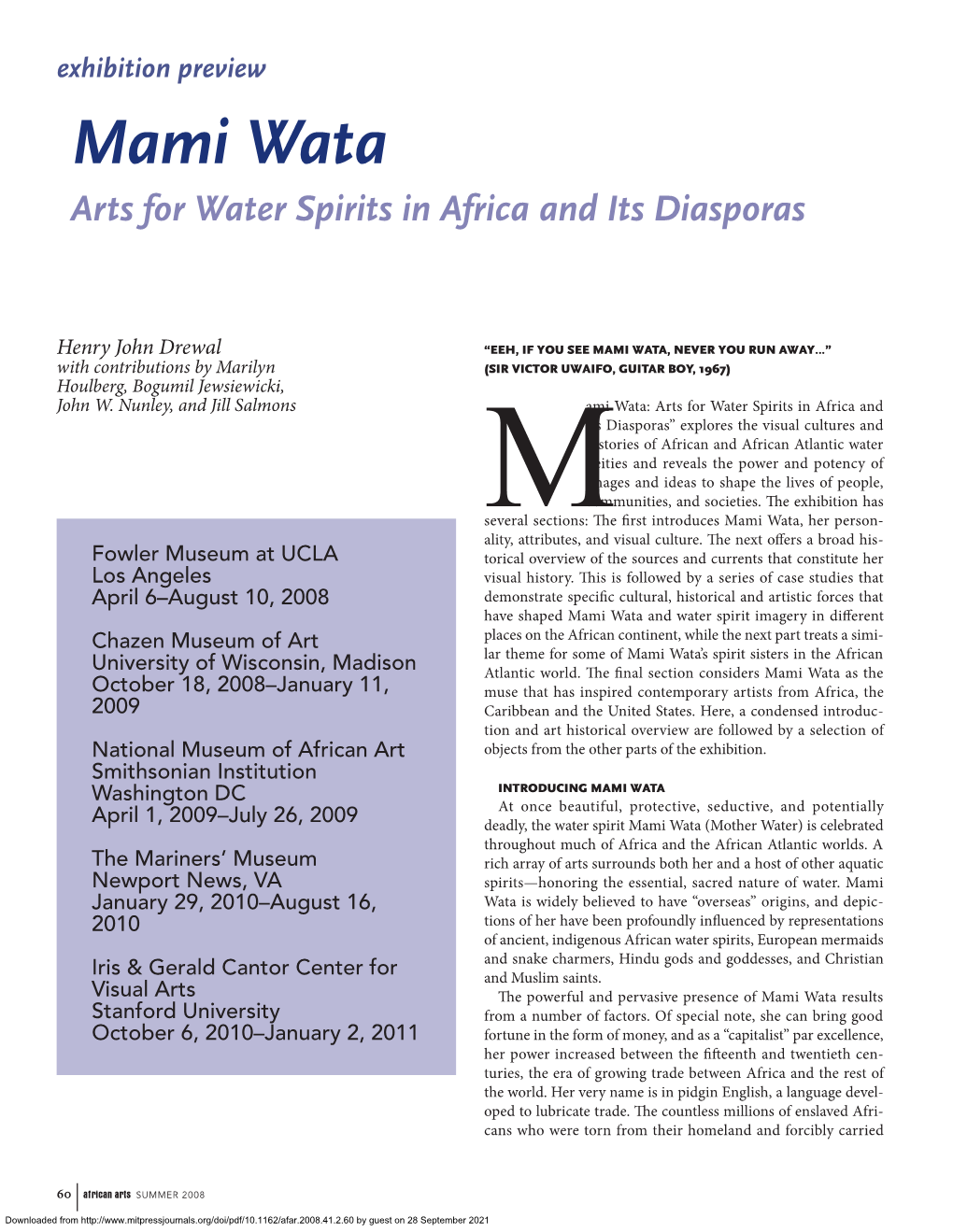 Mami Wata Arts for Water Spirits in Africa and Its Diasporas
