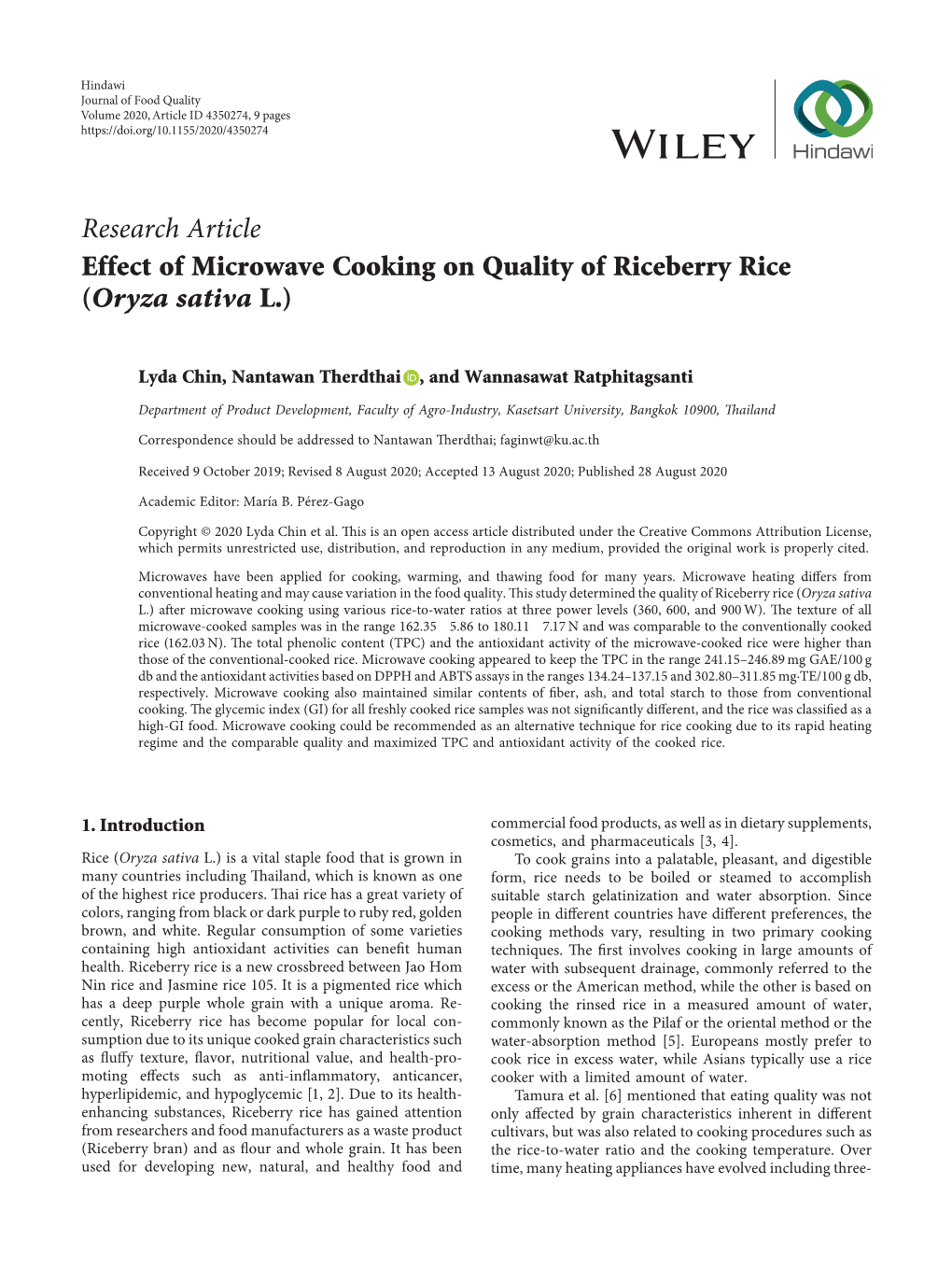 Research Article Effect of Microwave Cooking on Quality of Riceberry Rice (Oryza Sativa L.)