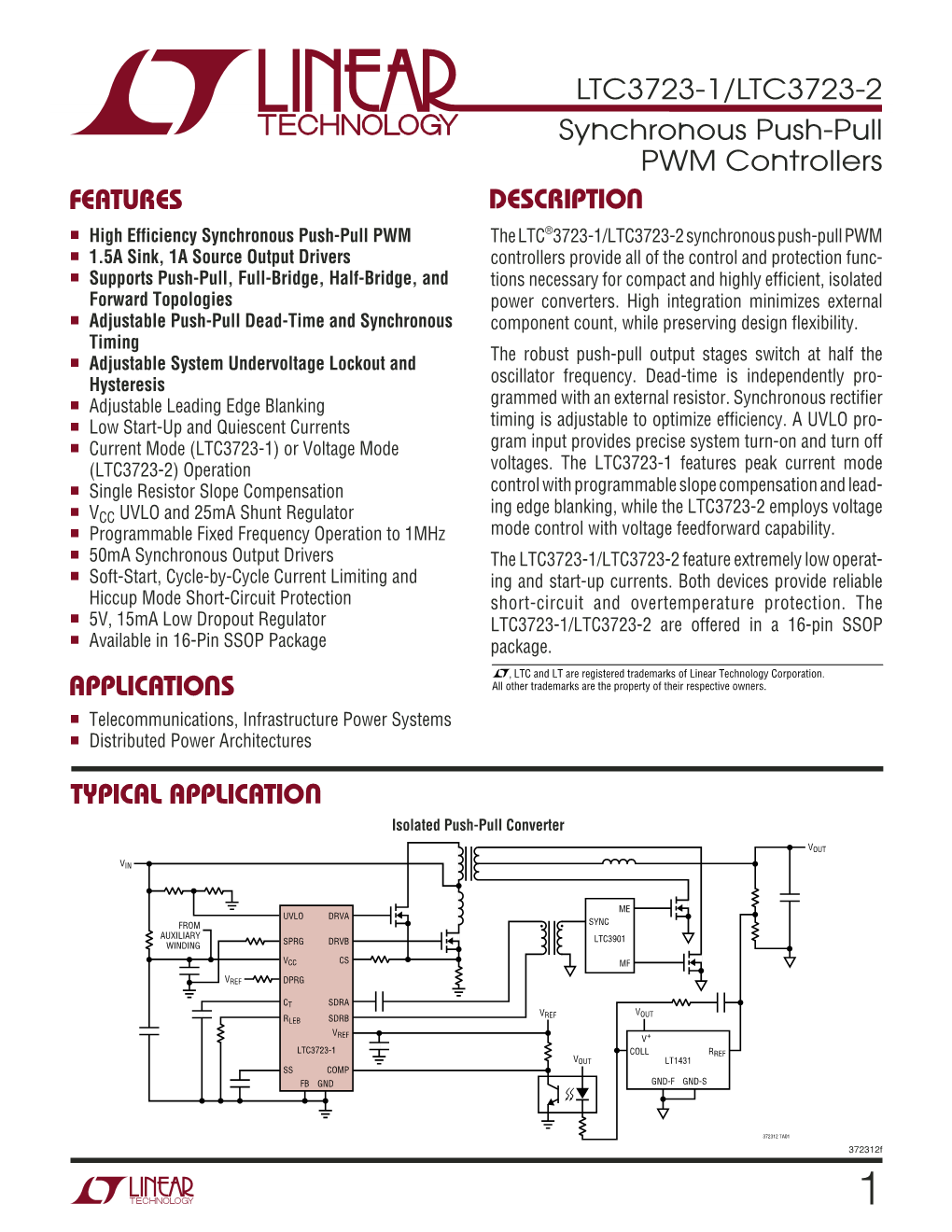 LTC3723-1/LTC3723-2 Synchronous Push-Pull PWM Controllers