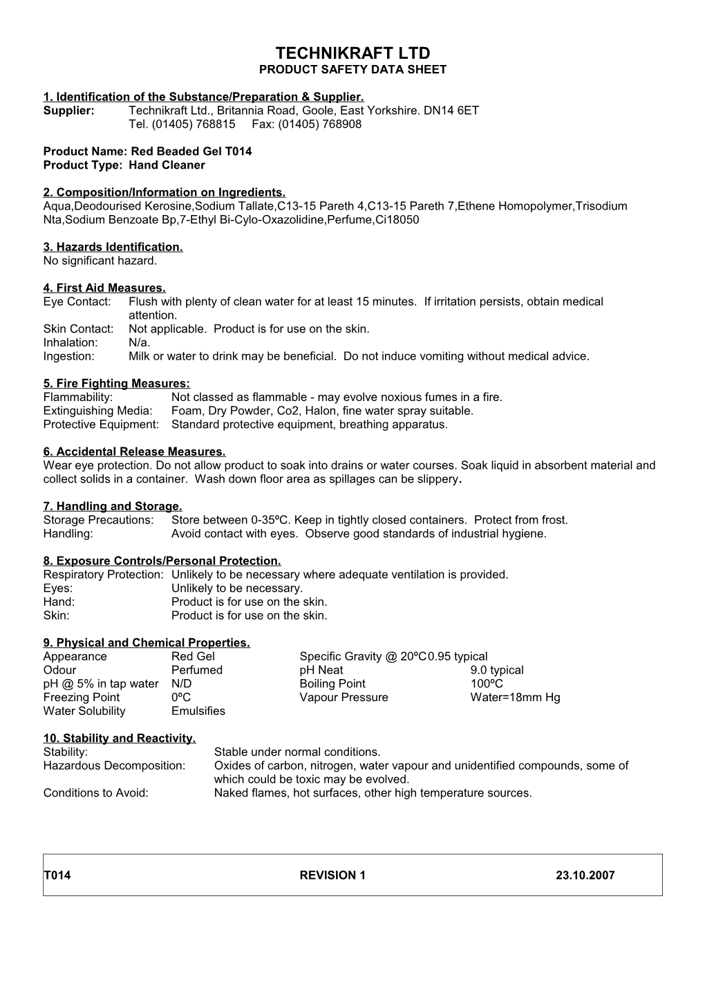 Product Safety Data Sheet