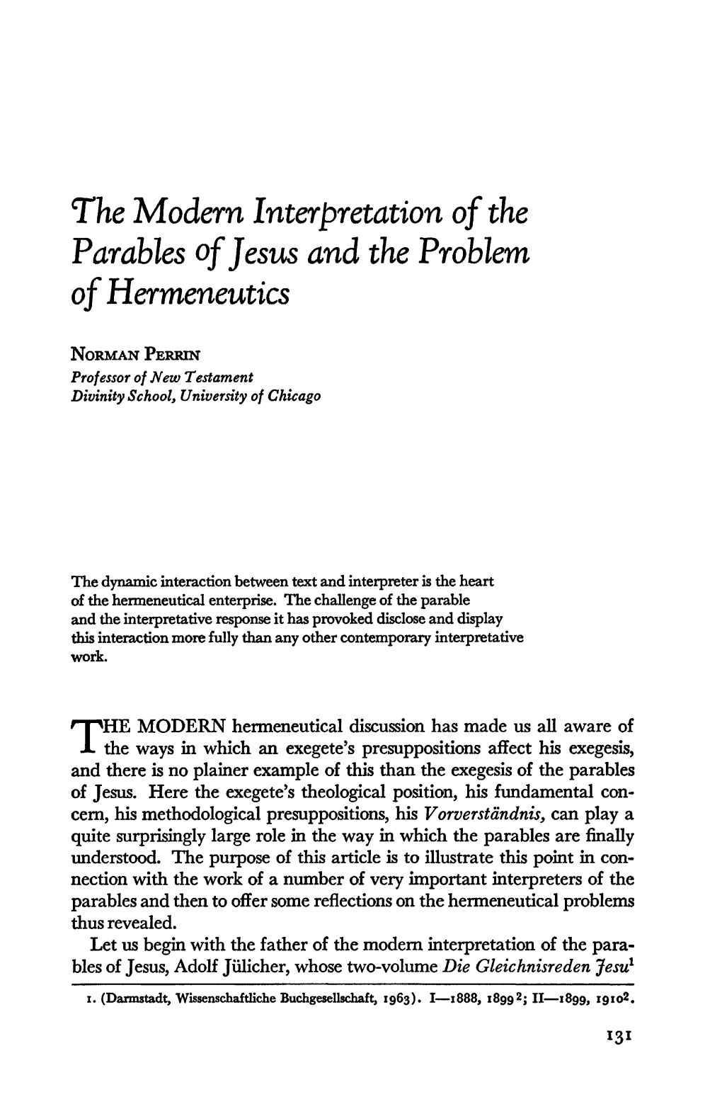 The Modem Interpretation of the Parables of Jesus and the Problem of Hermeneutics