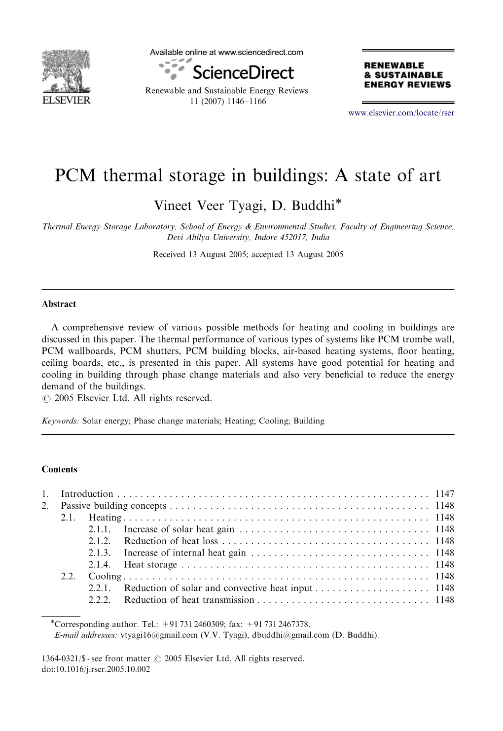 PCM Thermal Storage in Buildings: a State of Art