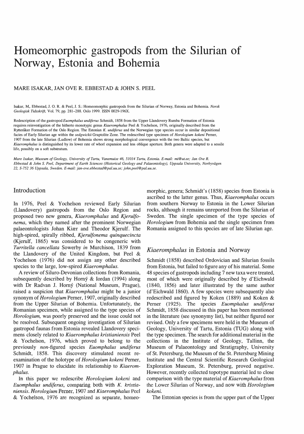 Homeomorphic Gastropods from the Silurian of Norway, Estonia and Bohemia