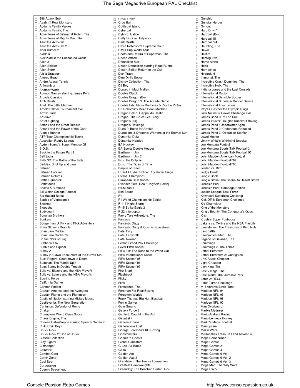 Sega Megadrive European PAL Checklist