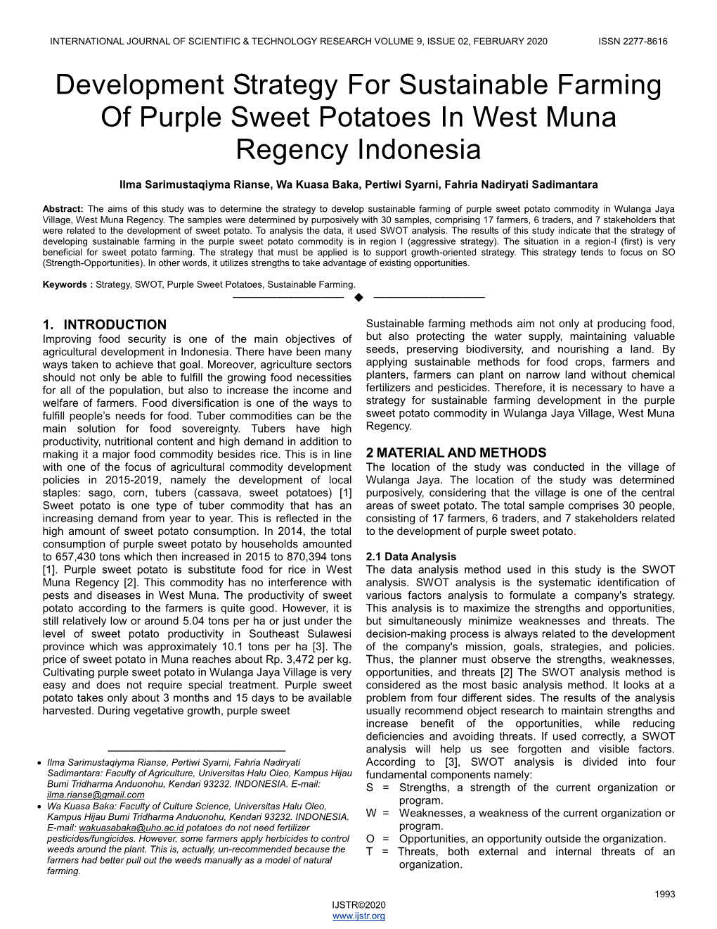 Development Strategy for Sustainable Farming of Purple Sweet Potatoes in West Muna Regency Indonesia